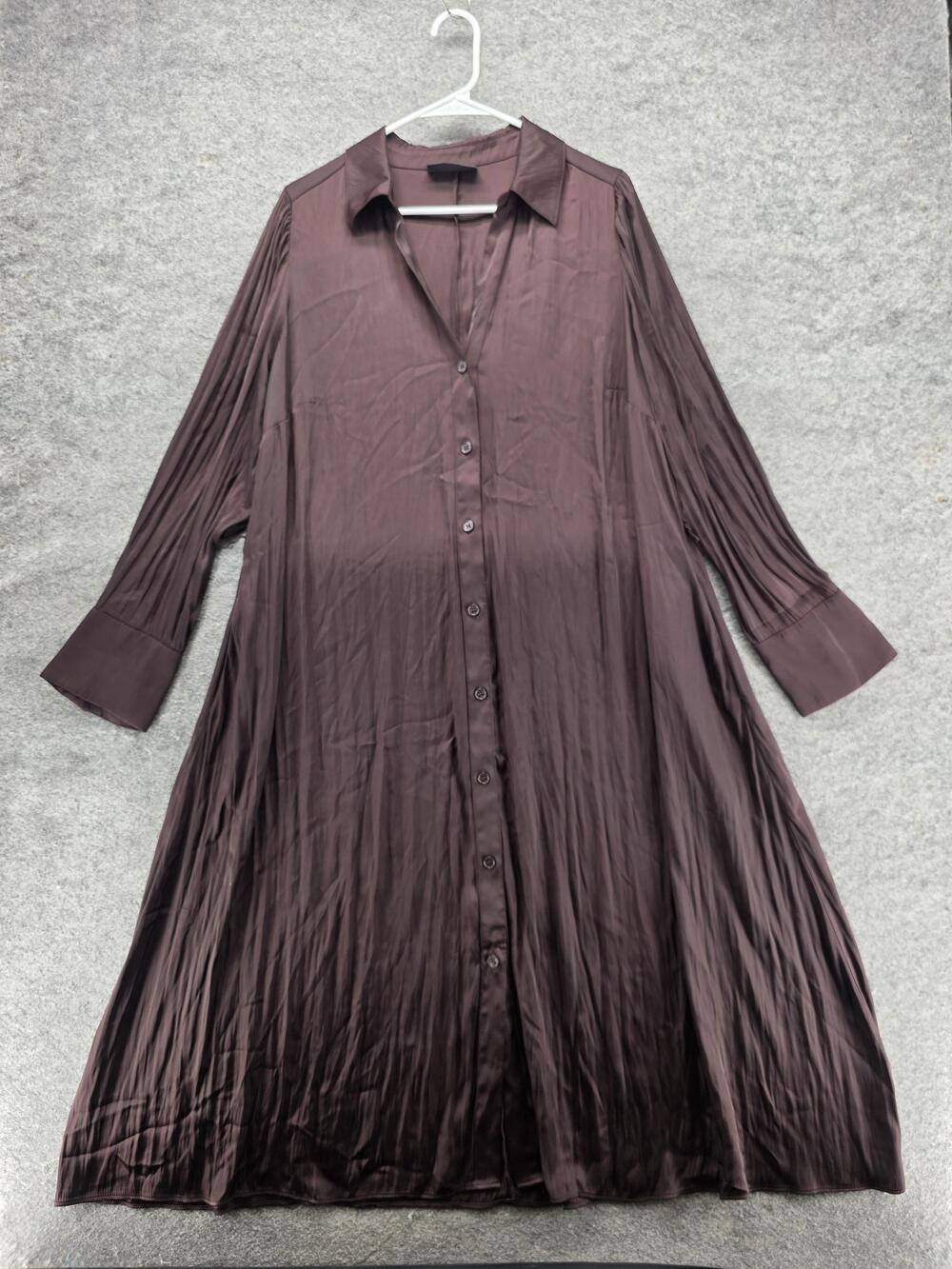 Lane Bryant Dress Womens 14 Brown Satin Shirt Dress Long Collared Pleated Button